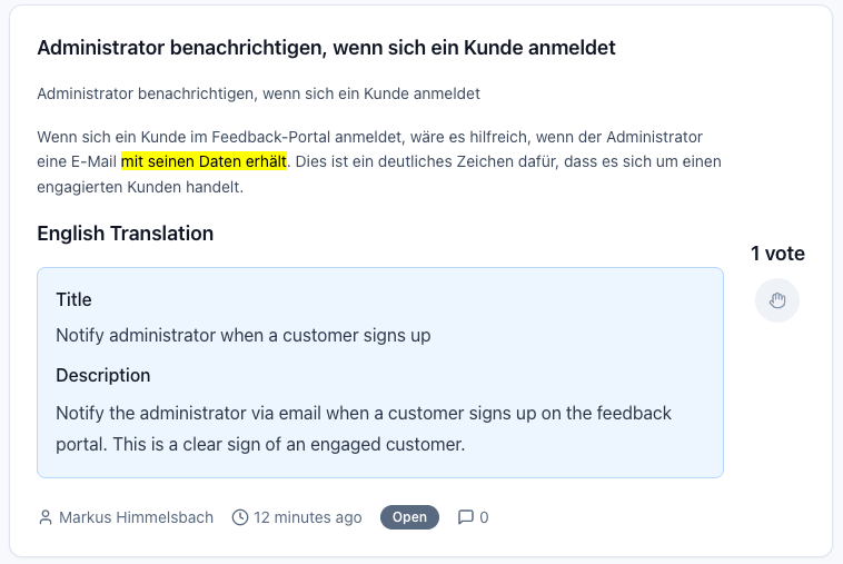 Auto-translation interface showing German idea with English translation