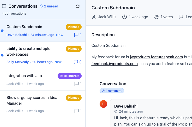 Conversations feature interface showing messenger-style customer feedback threads