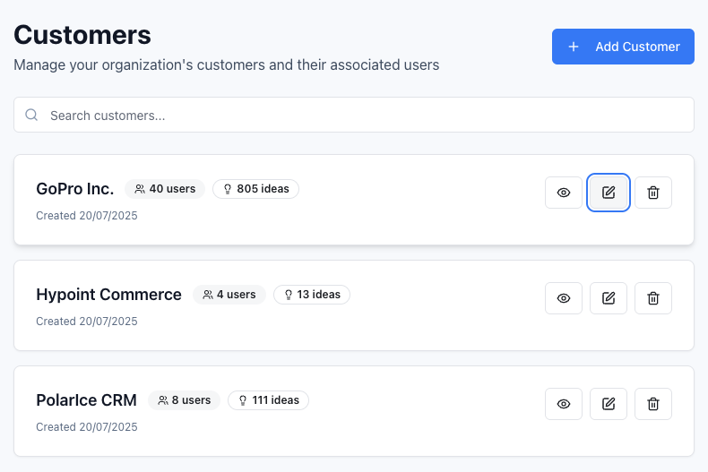 FeatureSpeak customer management interface showing customer list and user organization