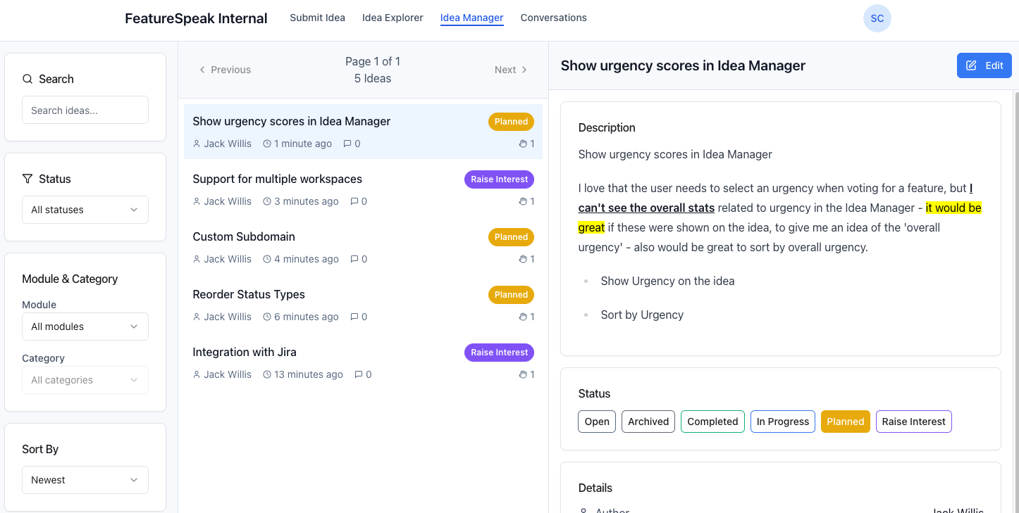 FeatureSpeak Idea Manager Interface showing urgency scores and feature management