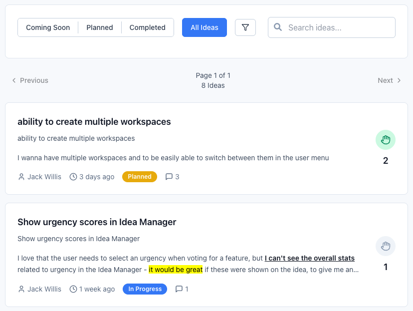 Explore ideas interface showing search and filtering capabilities