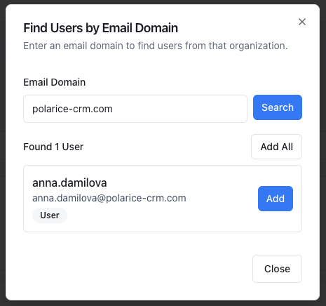 FeatureSpeak domain search interface showing how to find users by email domain