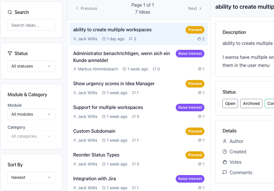 Idea Manager interface showing team collaboration and idea management features