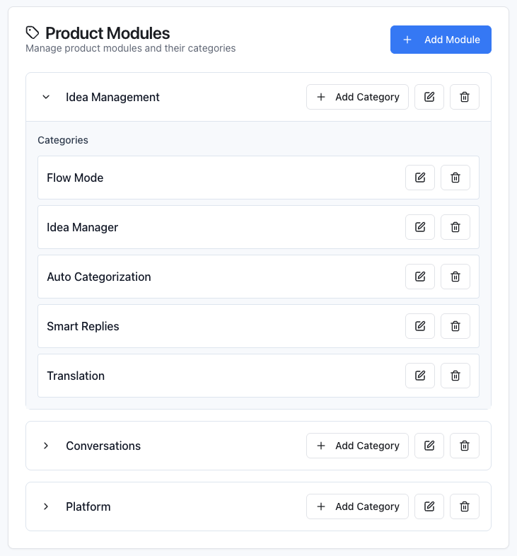 Product taxonomy interface showing categorized features and modules
