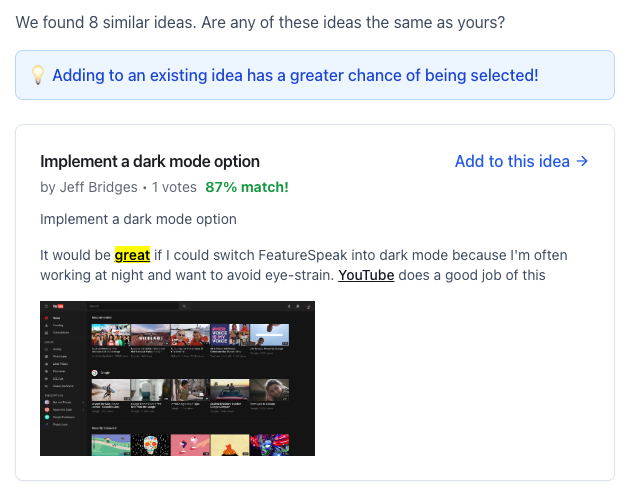 Duplicate detection interface showing similar ideas and collaboration suggestions