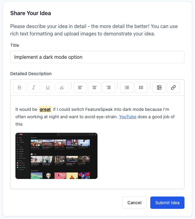 Customer idea submission interface showing feedback and feature requests