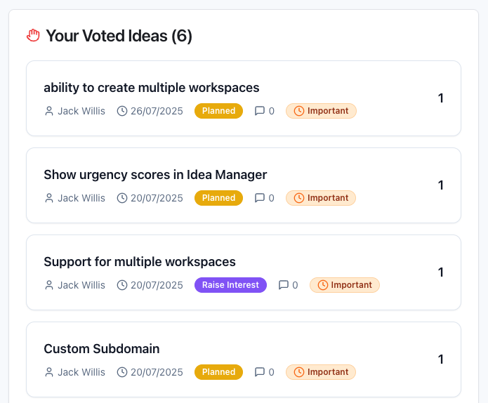 Customer engagement dashboard showing feedback and ideas